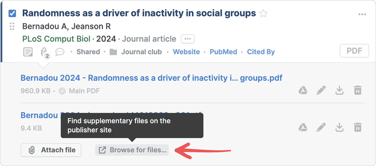 A reference with two attached files listed in its files panel, and a red arrow pointing to the “Browse for files…” button, whose tooltip reads “Find supplementary files on the publisher site”.